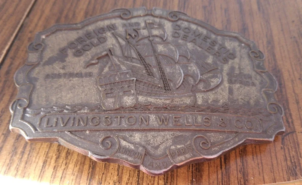 Livingston Wells & Co Vintage Brass Belt Buckle Gold Dealers Shipping 4 x 3